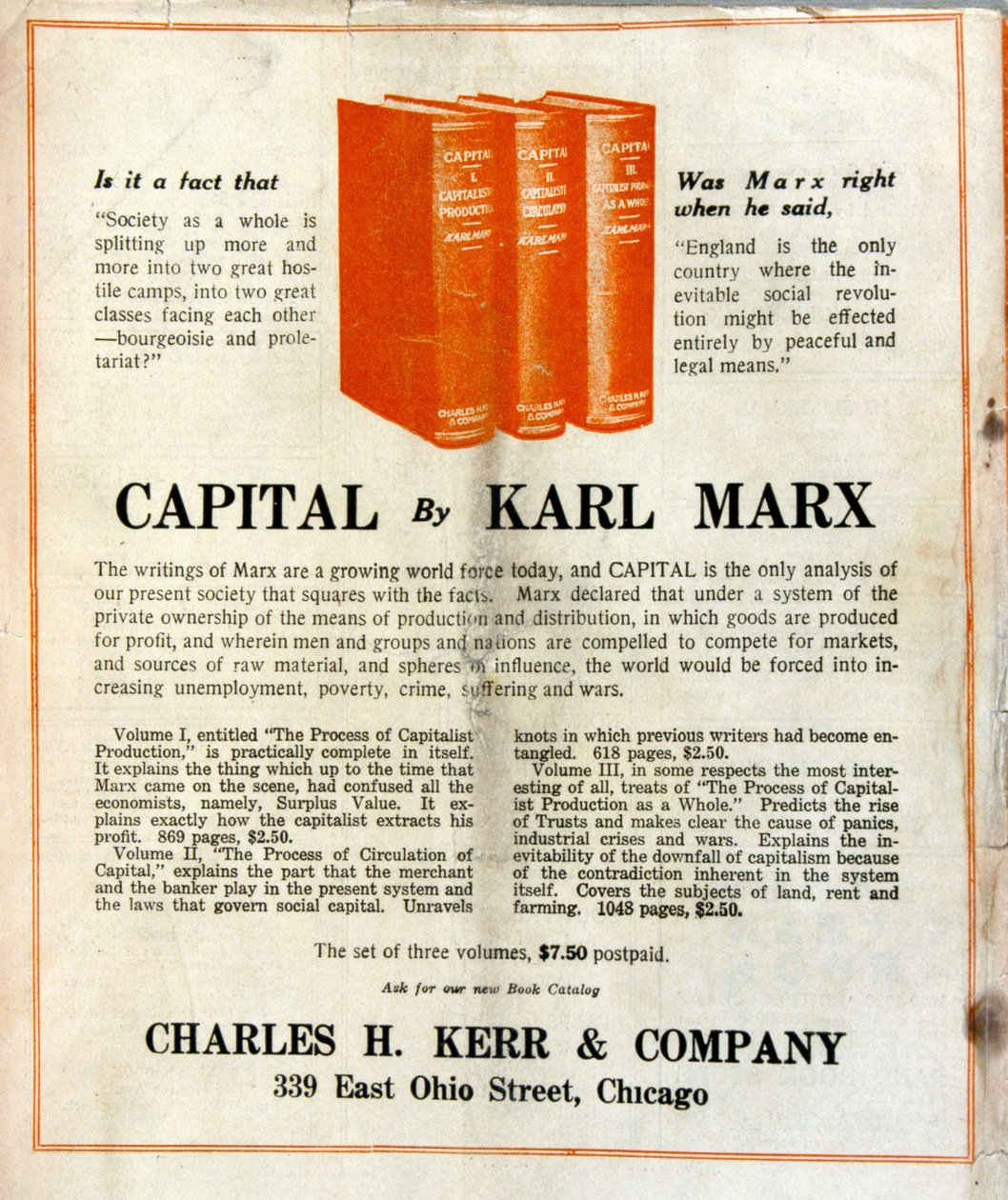 Ilmoitus Karl Marxin kirjan ”Le Capital” myynnistä amerikkalaisessa lehdessä tekijältä French School