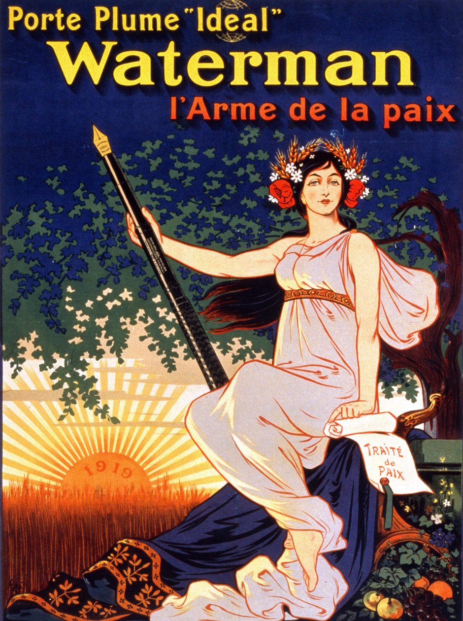 Mainosjuliste aiheesta "Ideal Waterman Fountain Holder, the Weapon of Peace" (nainen, jolla on rauhansopimus ja Waterman Feather). Litografia 1919. tekijältä French School