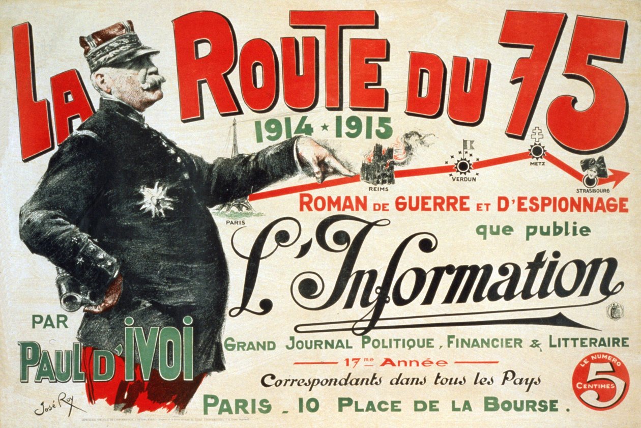 Mainosjuliste romaanille "La Route du 75:1914 - 1915: Roman de guerre et d