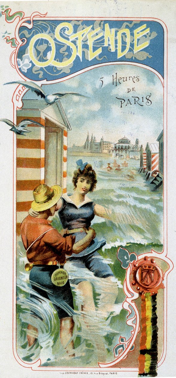 Mainonta Oostendeen (Belgia) Pariisista pääsemiseksi: Oostende: 5 tuntia Pariisista, n. 1900 (kromolitografia) tekijältä French School