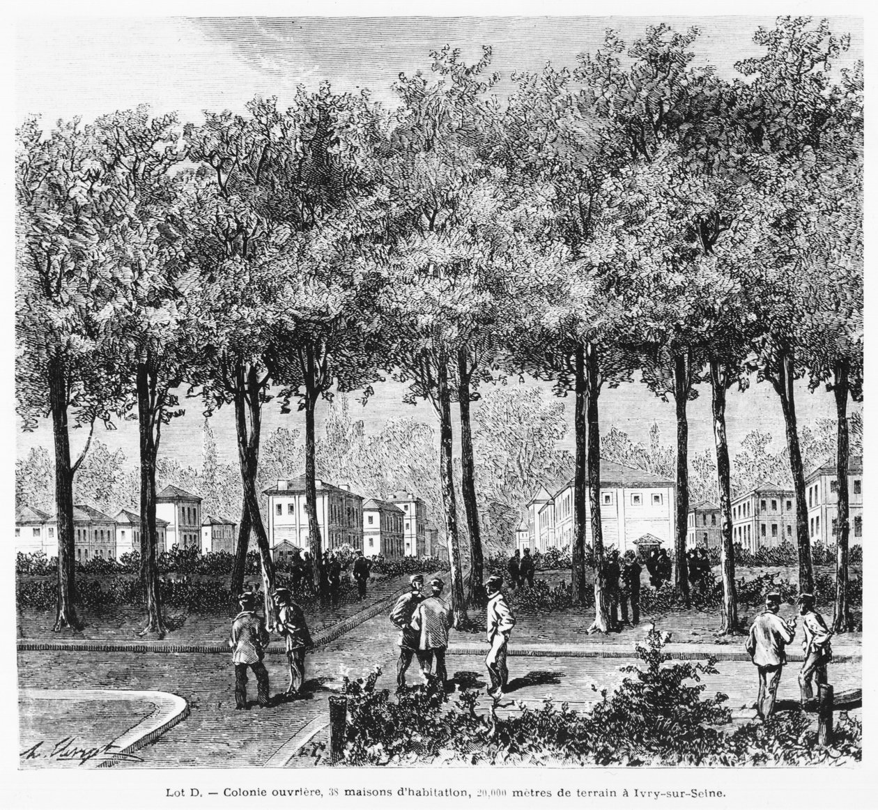 Työväensiirtokuntaa kuvaava mainos, kuvitus Le Monde Illustresta, 1876 tekijältä French School
