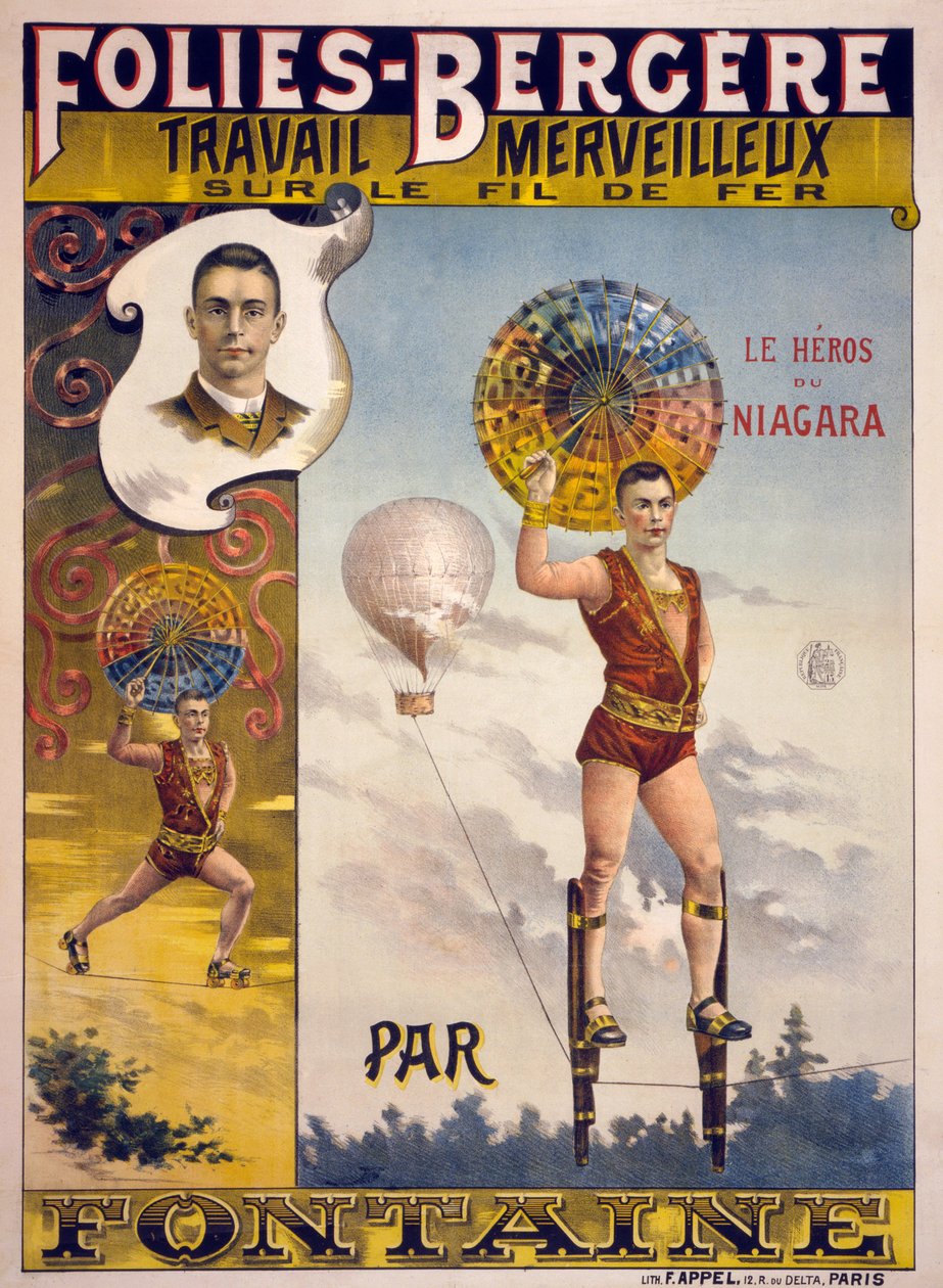Mainos Folies-Bergère, Marvelous Work on the Wire by Fontaine, pub. Pariisissa 1870-1890 tekijältä French School