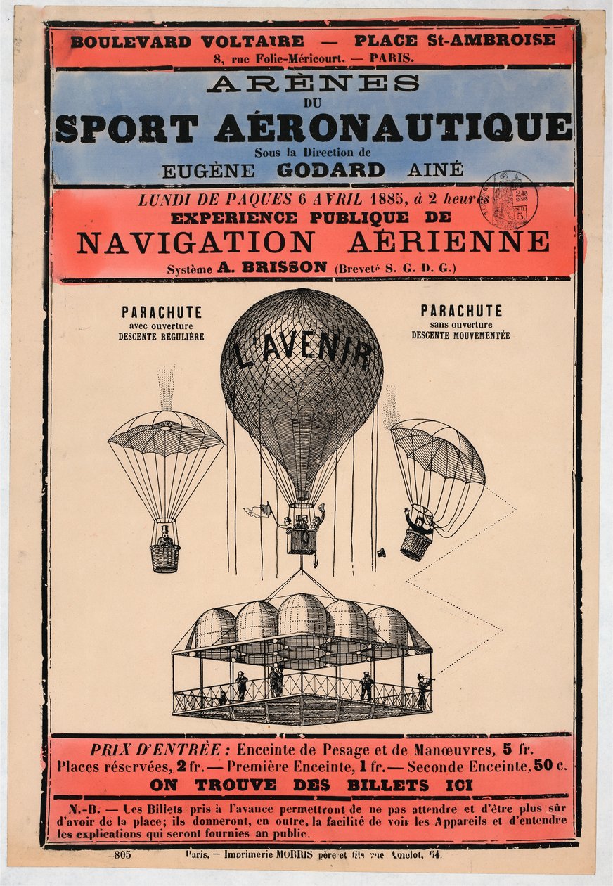 Ilmailunäyttely pidetään Pariisissa vuonna 1885 Eugene Godardin johdolla, pb. 1885 (värilitografia) tekijältä French School