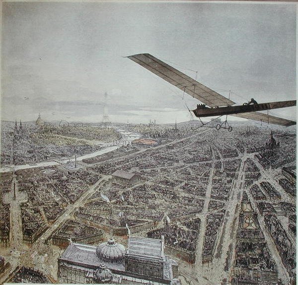 Lentokone lentää Pariisin yli, kuvitus vuoden 1911 kalenteriin (värinen lito) tekijältä French School