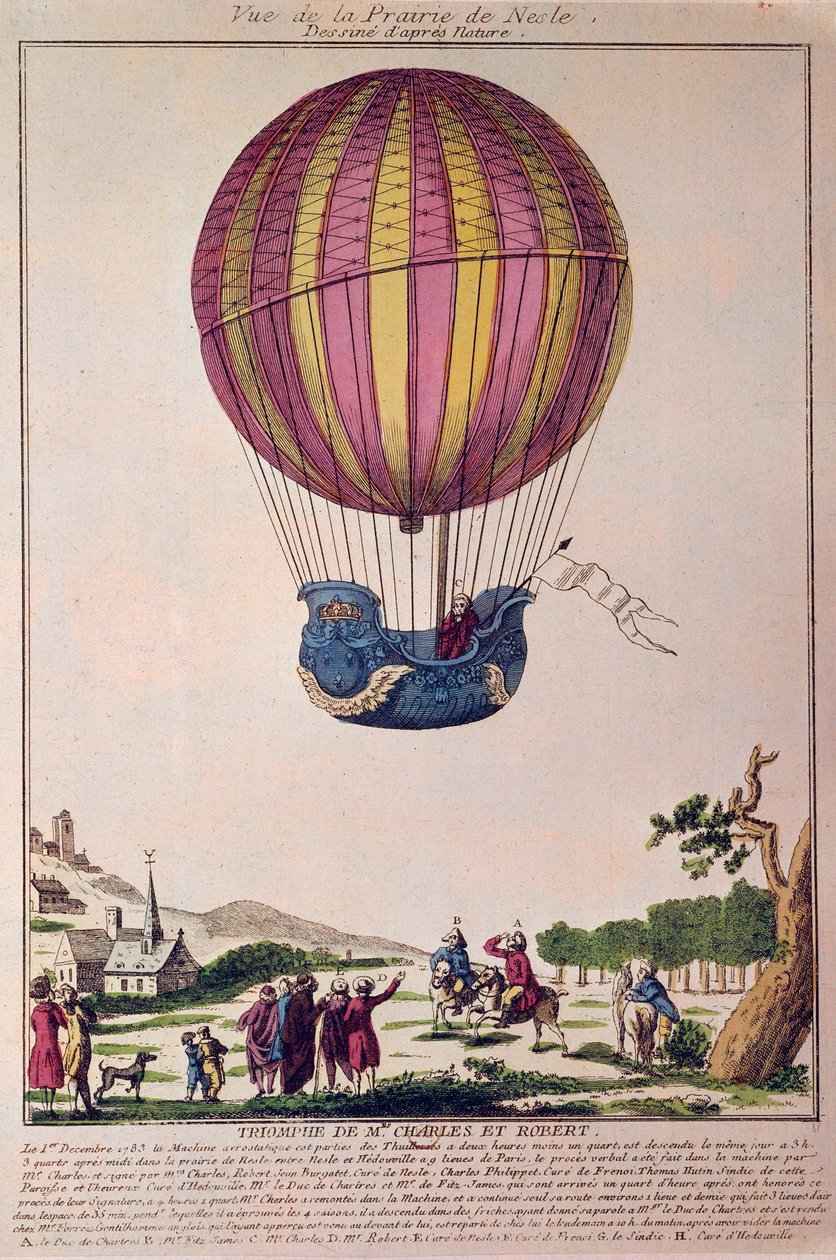 Aerostat: toinen yritys lentää ilmapallolla. Charles ja Robert laskeutuvat Prairie de Neslelle Pariisin lähistöllä vetykaasupallolla tehdyn matkan jälkeen 1.12.1783. Kaiverrus 1700-luvulta. tekijältä French School