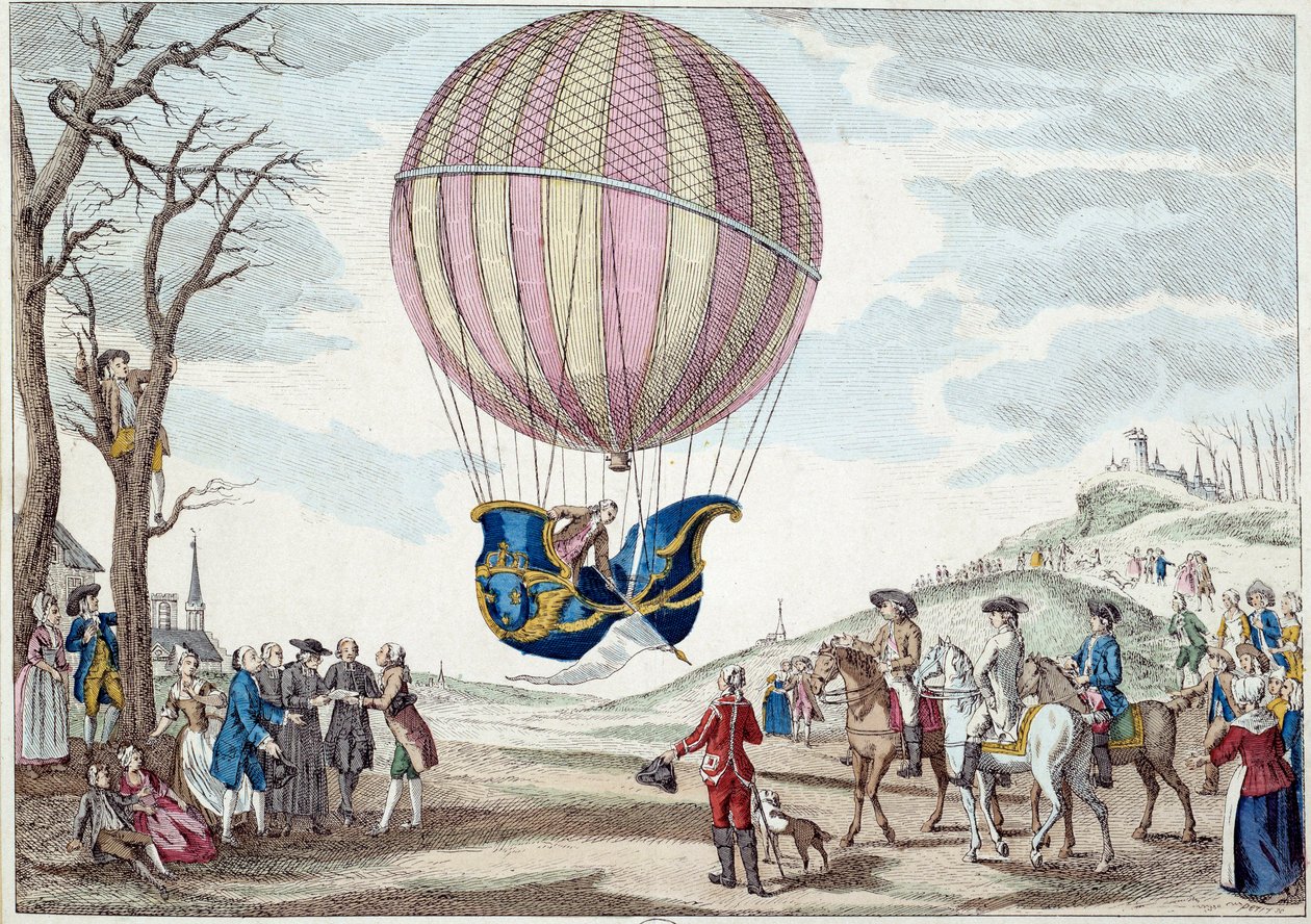 Aerostat: toinen yritys lentää ilmapallolla. Nousu Charlesin ja Robertin vetykaasupalloon Prairie de Neslessä, lähellä Pariisia 01/12/1783. Anonyymi 1700-luvun vedos. Pariisi, koristeellinen taide tekijältä French School