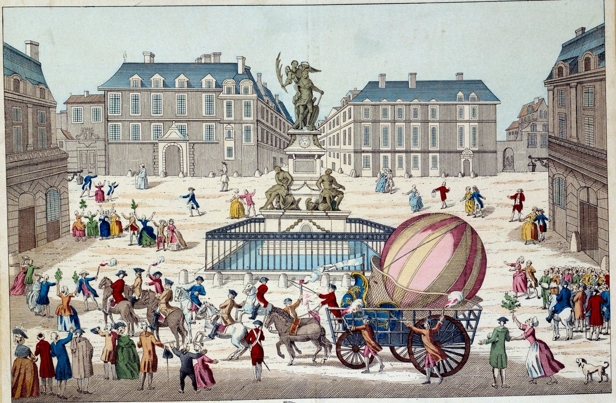 Aerostat: toinen yritys lentää ilmapallolla. Charlesin ja Robertin koko aerostaattinen maapallo Pariisissa vetykaasupallolla tehdyn matkan jälkeen 12.2.1783. Nimetön 1700-luvun printti. Pariisi, koristetaide tekijältä French School