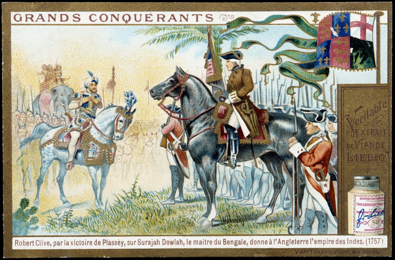 Plasseyn voiton Surajah Dowlahista (Suraj Ud-daula tai Ud Daula Ud Daulah tai Ud-Daulah) Bengalin mestari antoi Englannille Intian valtakunnan vuonna 1757. 1800-luvun liebig kromolitografia. tekijältä French School