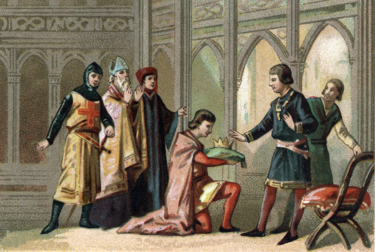 Ludvig X:n kuoleman jälkeen kruunu palasi hänen nuoremmalle veljelleen Philippe V dit Le Longille (1294-1322). Kohtaukseen osallistuu kolme feodaalikuntaa. Kromolitografia noin 1890. tekijältä French School