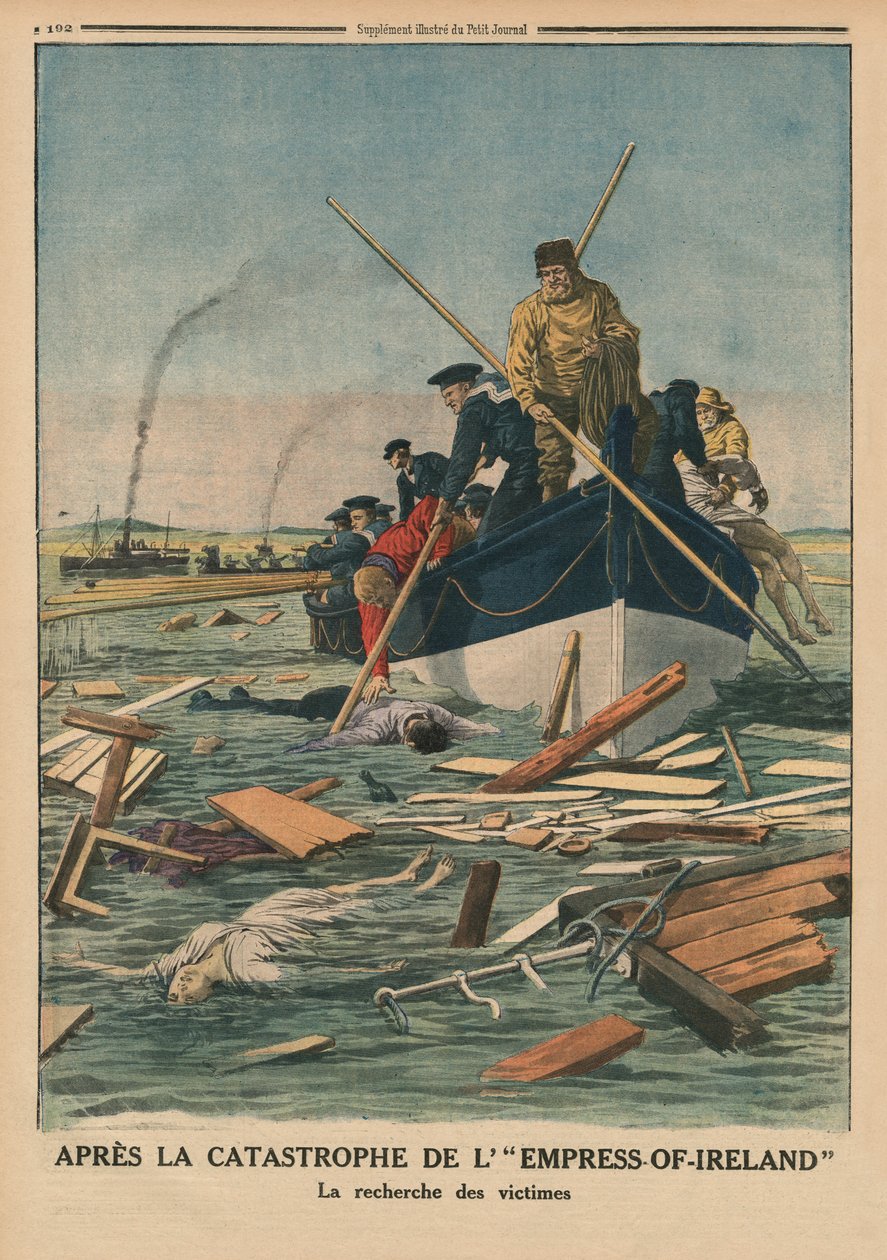 Irlannin keisarinna katastrofin jälkeen, uhrien etsiminen, takakannen kuvitus "Le Petit Journalista", liitekuva, 14. kesäkuuta 1914 tekijältä French School