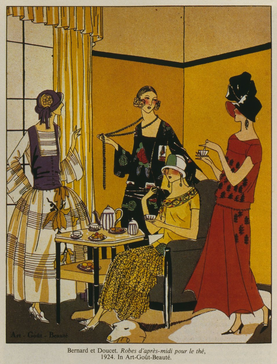 Iltapäivämekot teetä varten, muotilautanen Art Gout Beaute -lehdestä, 1924 tekijältä French School