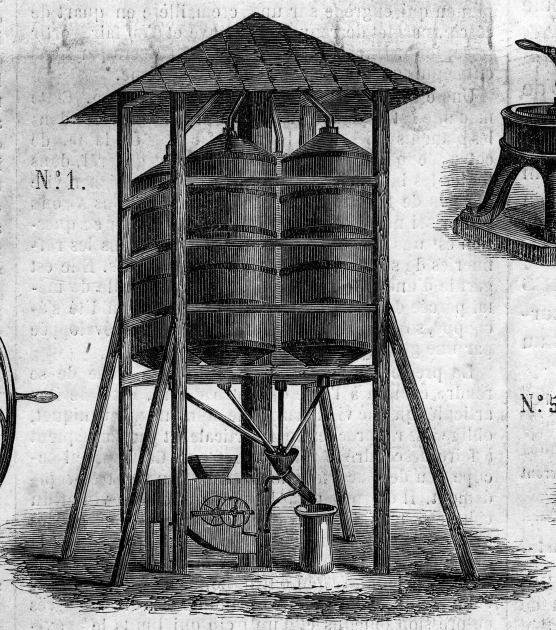 Maatalouskone: konservatiivinen ullakko vehnälle, joka esiteltiin vuoden 1860 maatalousnäyttelyssä Pariisissa. Kaiverrus "" Le Monde Illustré" -julkaisussa nro 168, 30. kesäkuuta tekijältä French School