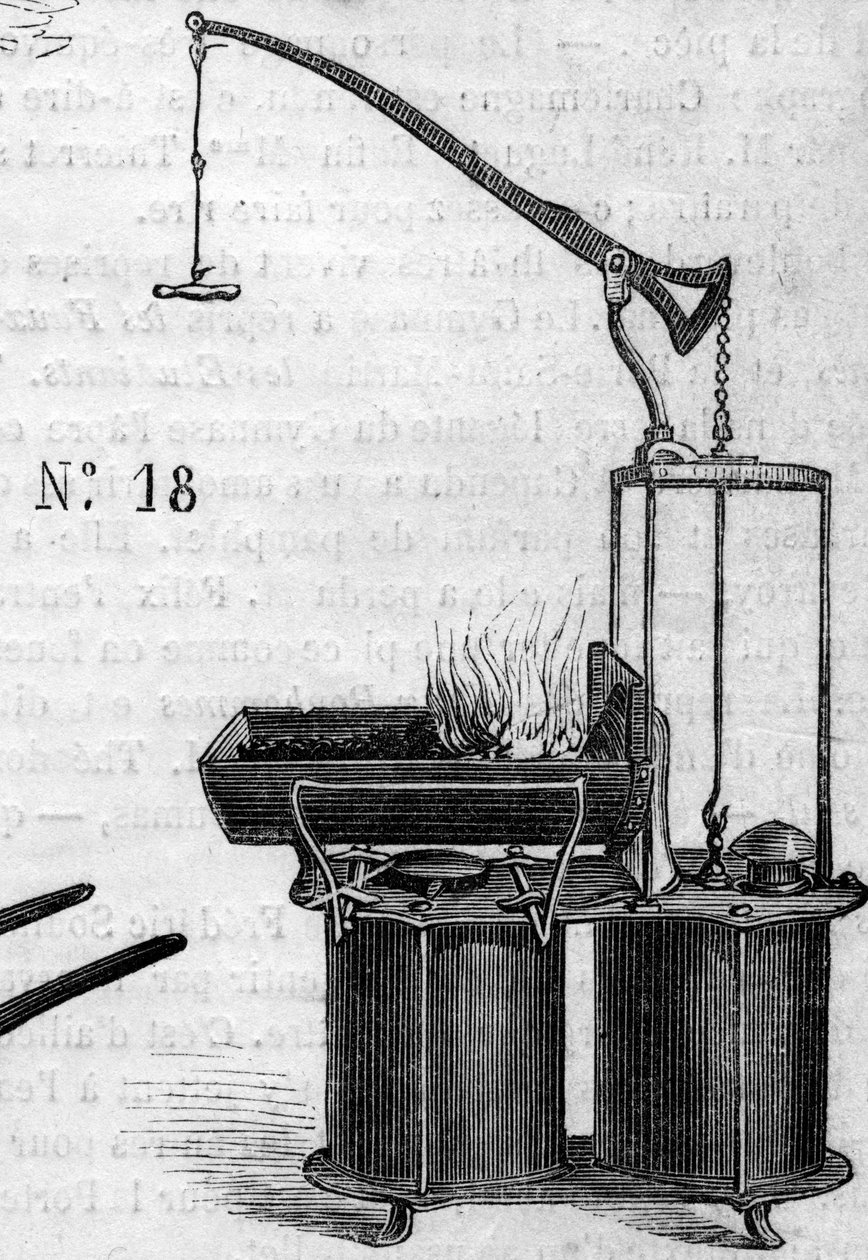 Maatalouskone: kaksinkertainen tuulimäntätakomo, joka esiteltiin Pariisin maatalouskilpailussa vuonna 1860. Kaiverrus "" Le Monde Illustré" -julkaisussa nro 172, 28. heinäkuuta 1860. tekijältä French School