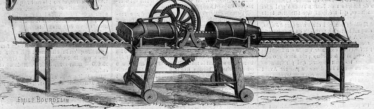Maatalouskone: kone viemäriputkien valmistukseen, joka esiteltiin vuoden 1860 maatalousnäyttelyssä Pariisissa. Kaiverrus "" Le Monde Illustré" -julkaisussa nro 168, 30. kesäkuuta tekijältä French School