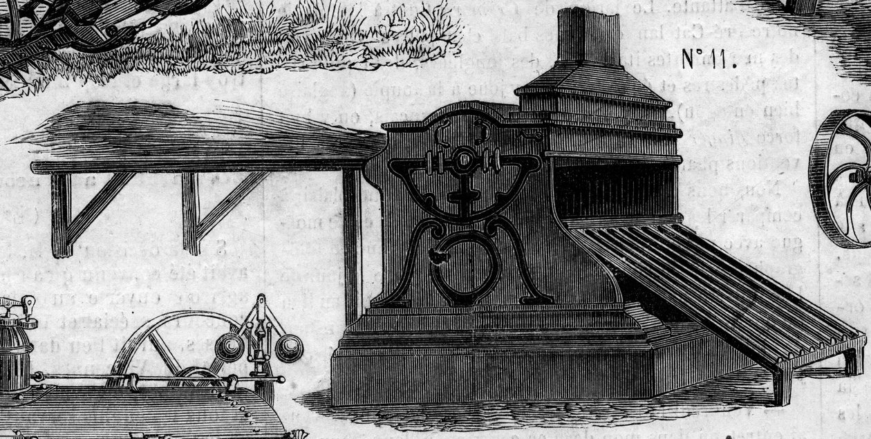 Maatalouskone: puimakone, joka esiteltiin Pariisin maatalouskilpailussa vuonna 1860. Kaiverrus "" Le Monde Illustré" -julkaisussa nro 169, 7. heinäkuuta 1860. tekijältä French School