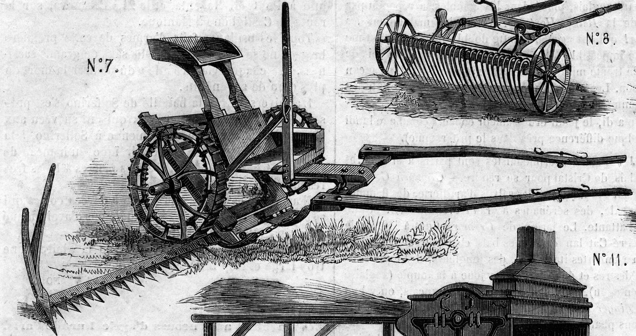 Maatalouskone: amerikkalainen niittokone, joka esiteltiin Pariisin maatalouskilpailussa vuonna 1860. Kaiverrus "" Le Monde Illustré" -julkaisussa nro 169, 7. heinäkuuta 1860. tekijältä French School