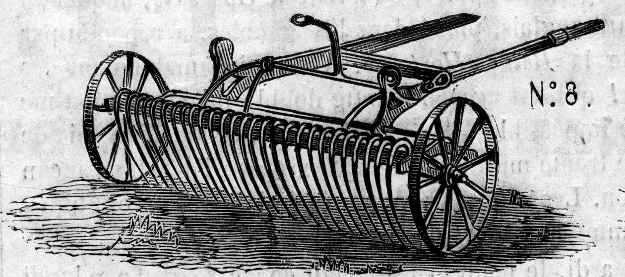 Maatalouskone: englantilainen hevosharava, joka esiteltiin Pariisin maatalouskilpailussa vuonna 1860. Kaiverrus "" Le Monde Illustré" -julkaisussa nro 169, 7. heinäkuuta 1860. tekijältä French School