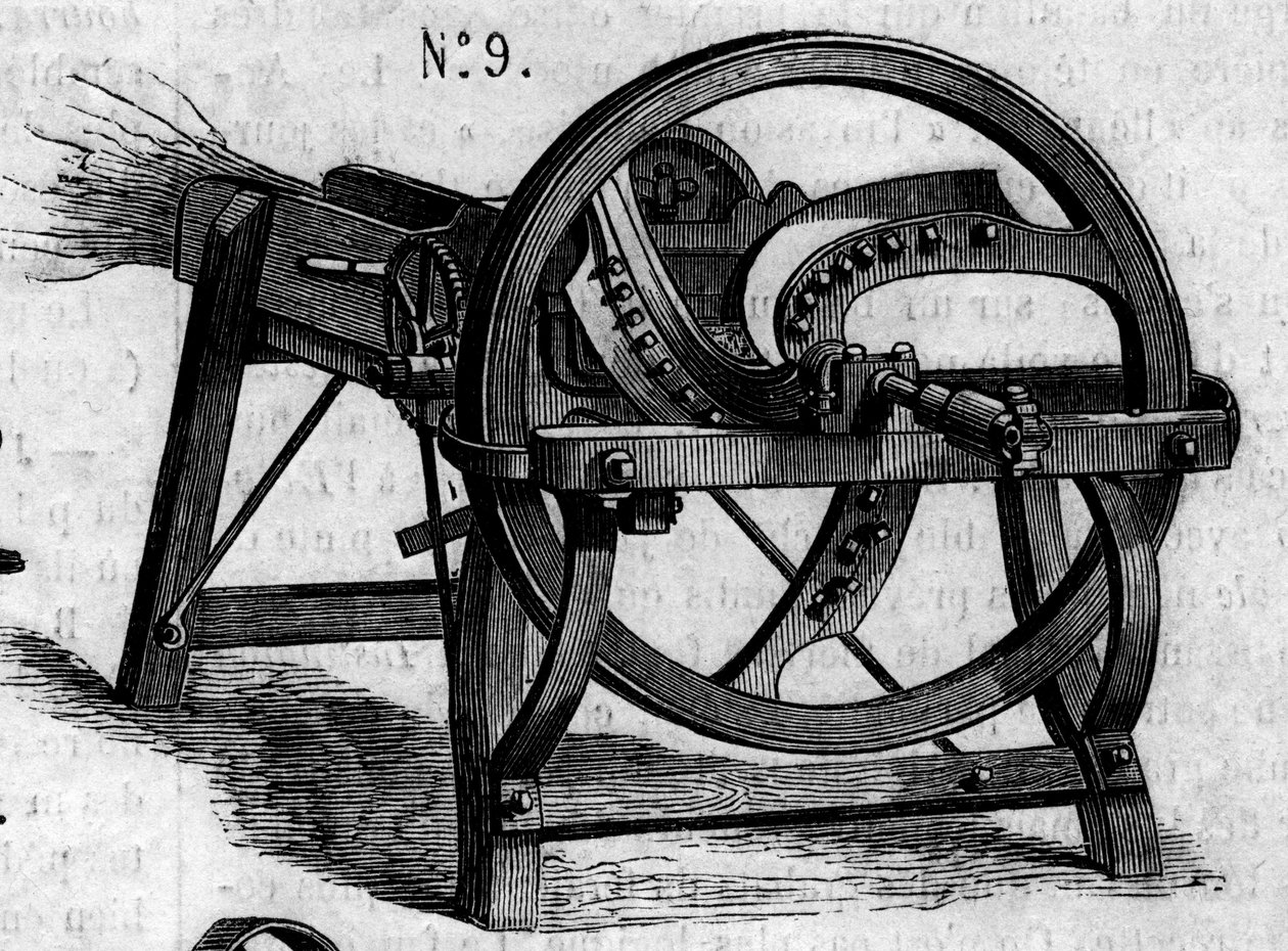 Maatalouskone: englantilainen olkikirves, joka esiteltiin Pariisin maatalouskilpailussa vuonna 1860. Kaiverrus "" Le Monde Illustré" -julkaisussa nro 169, 7. heinäkuuta 1860. tekijältä French School