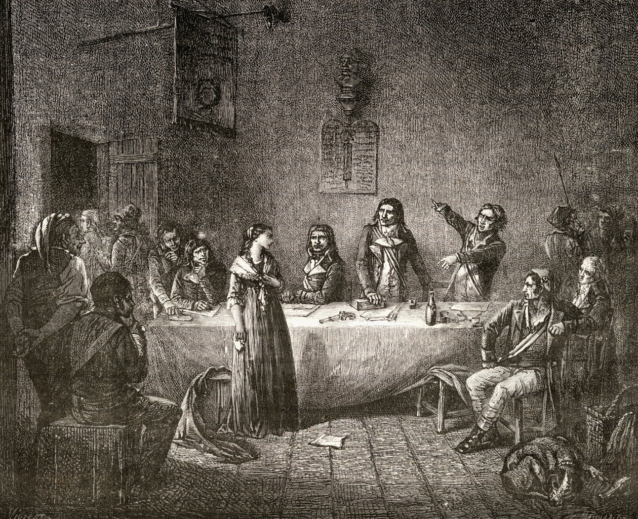 Aimee Cecile Renault vallankumouskomitean edessä, Louis Blancin (1811-82) "Histoire de la Revolution Francaise" -teoksesta. tekijältä French School