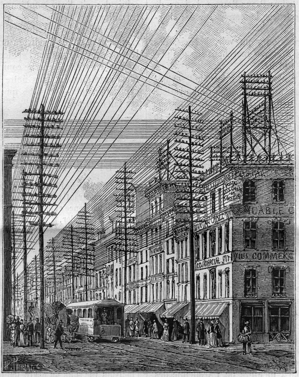 Ilman sähköjohdot Philadelphiassa (Yhdysvallat), Chestnut Streetin ja Kolmannen kadun kulma. Kaiverrus "" La Nature -kirjaan. Revue des sciences et de ses applications aux arts et a l