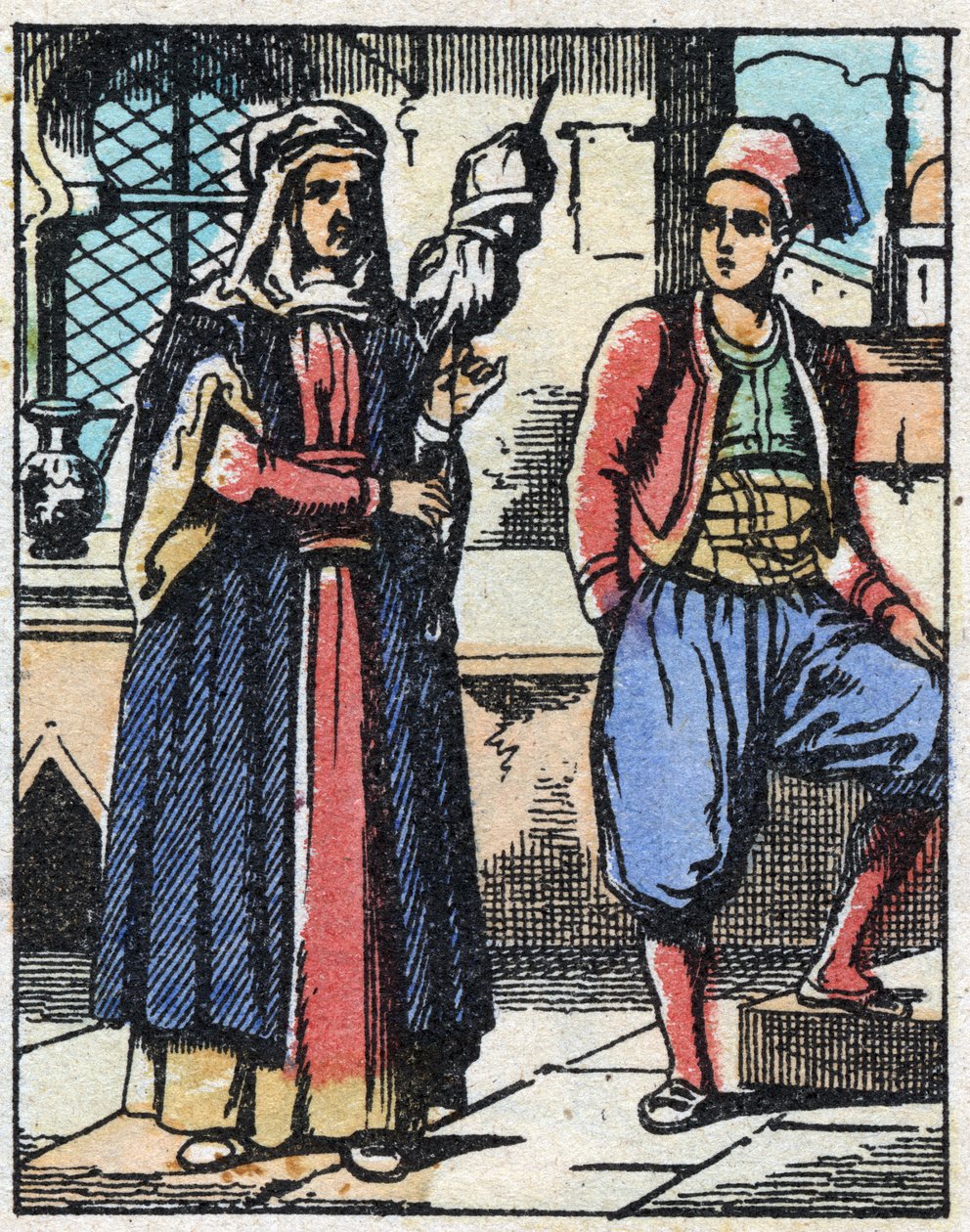 Aladin ja hänen äitinsä elävät työstään. Kaiverrus tarinasta Tuhannen ja yhden yön "" Aladin ja ihana lamppu"". Epinaalinen kuvantaminen, 1800-luvun loppu. Yksityinen kokoelma. tekijältä French School