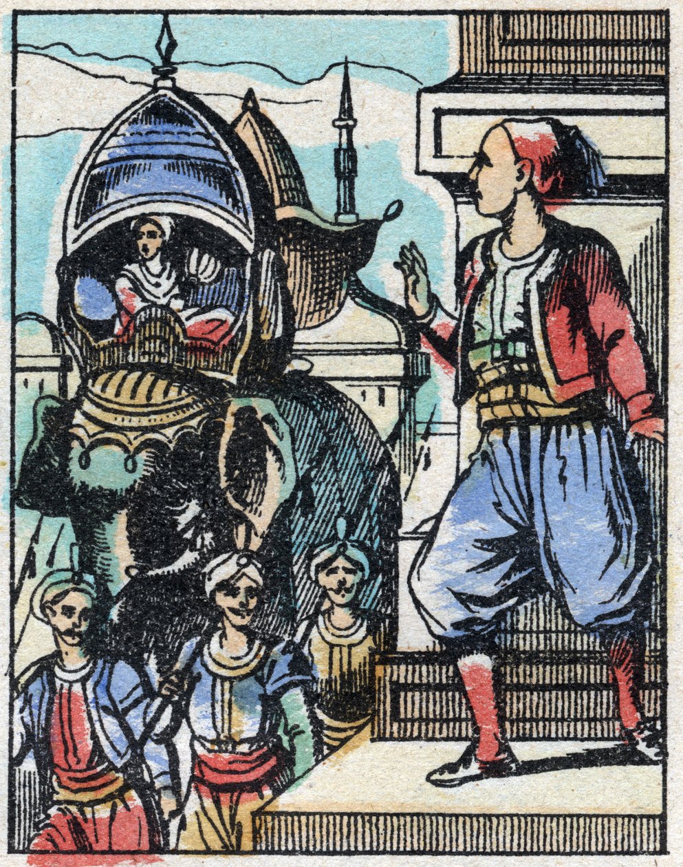 Aladin rakastuu sulttaanin tyttäreen. Kaiverrus tarinasta Tuhannen ja yhden yön "" Aladin ja ihana lamppu"". Epinaalinen kuvantaminen, 1800-luvun loppu. Yksityinen kokoelma. tekijältä French School