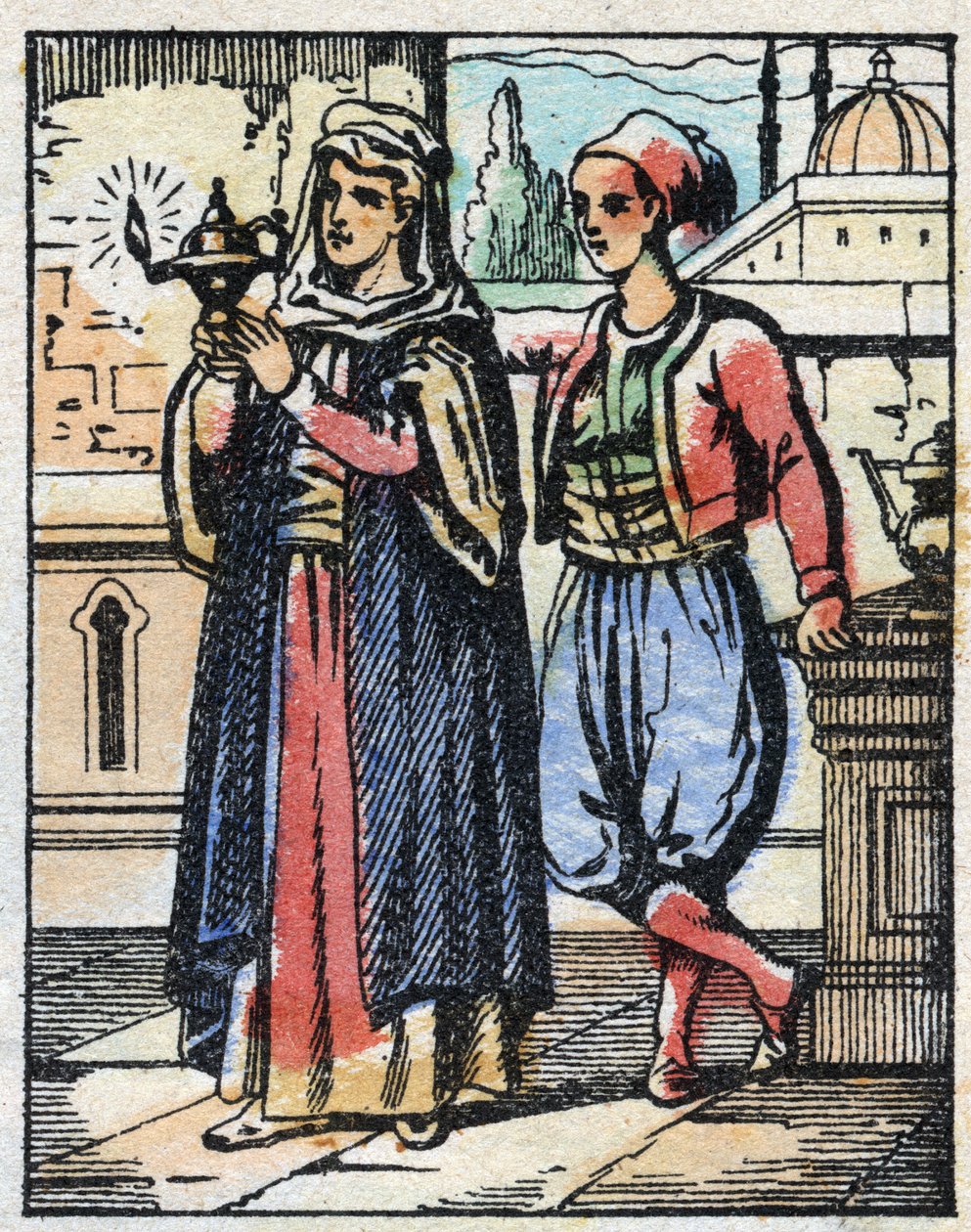 Aladin käyttää taikalamppua äidilleen. Kaiverrus tarinasta Tuhannen ja yhden yön "" Aladin ja ihana lamppu"". Epinaalinen kuvantaminen, 1800-luvun loppu. Yksityinen kokoelma. tekijältä French School