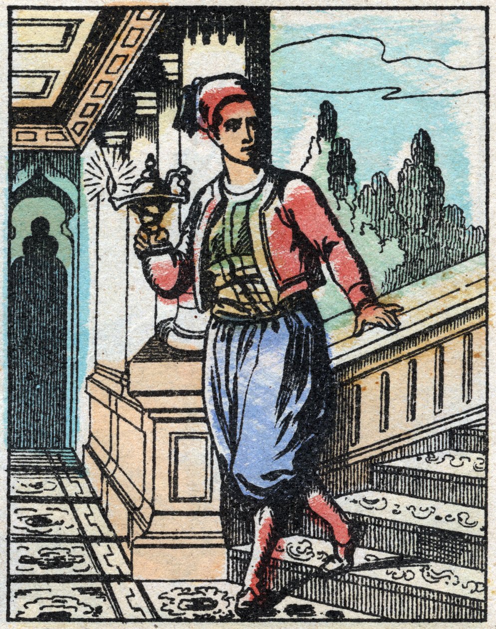 Aladin taikalampun kanssa ei enää löydä tietä. Kaiverrus tarinasta Tuhannen ja yhden yön "" Aladin ja ihana lamppu"". Epinaalinen kuvantaminen, 1800-luvun loppu. Yksityinen kokoelma. tekijältä French School