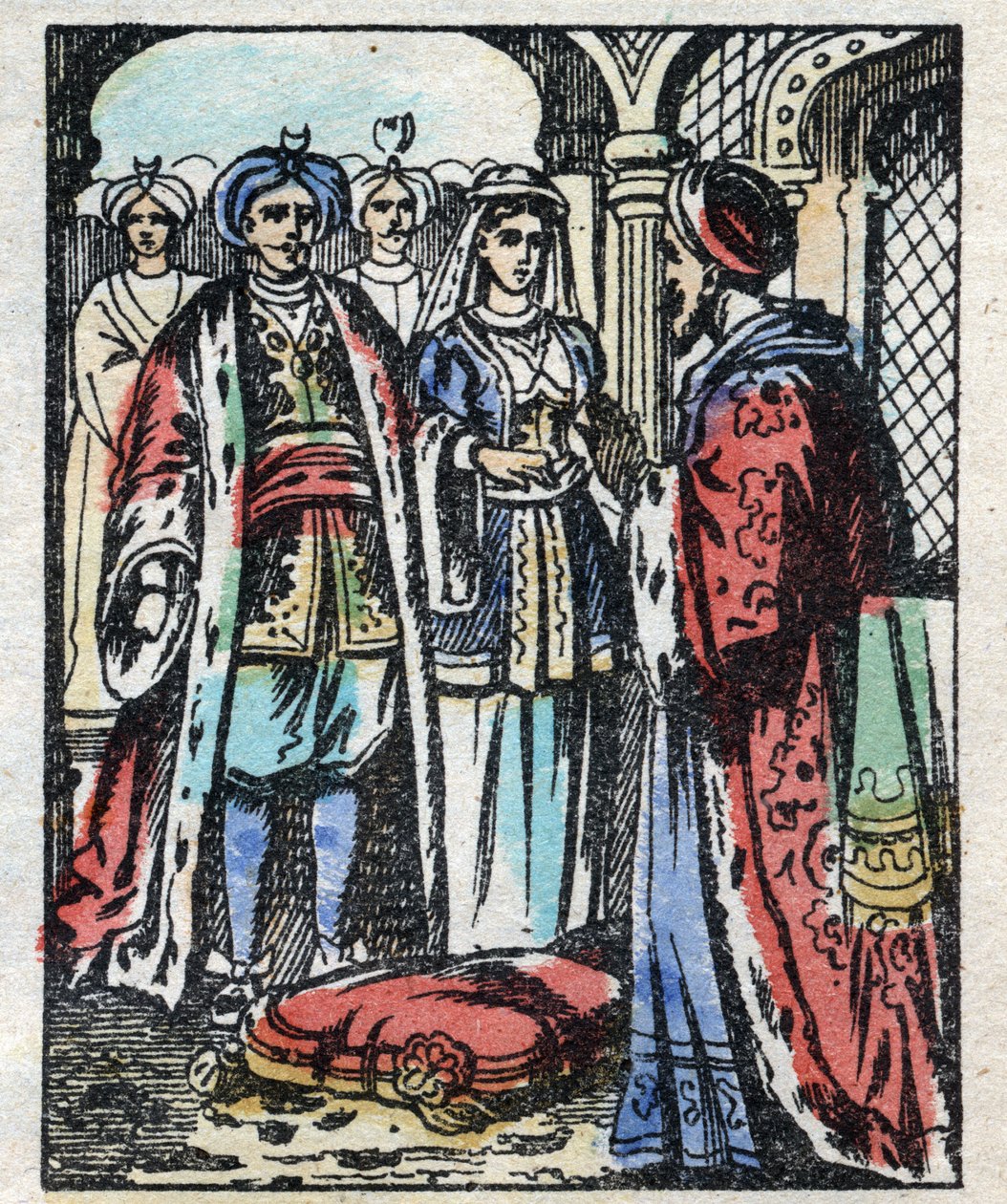 Aladinin häät sulttaanin tyttären kanssa. Kaiverrus tarinasta Tuhannen ja yhden yön "" Aladin ja ihana lamppu"". Epinaalinen kuvantaminen, 1800-luvun loppu. Yksityinen kokoelma. tekijältä French School