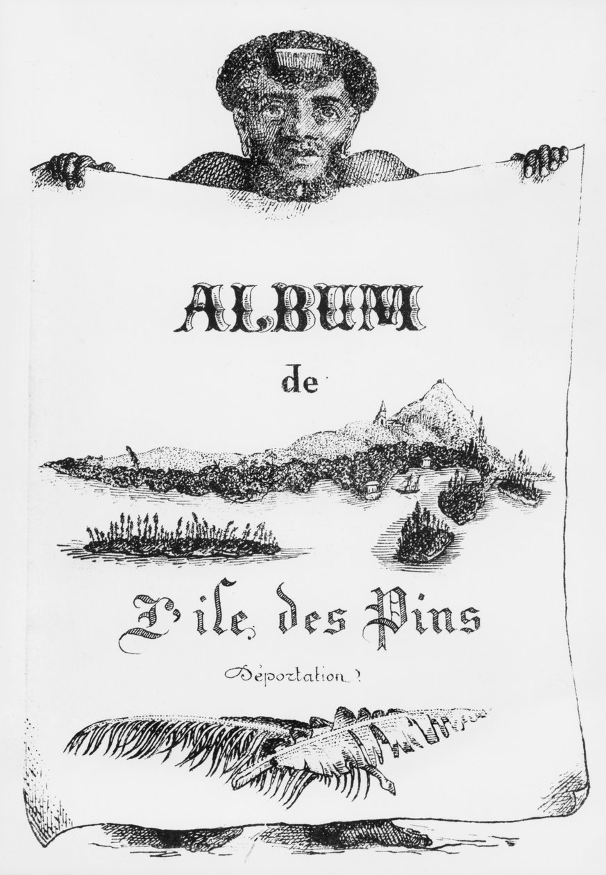 Albumi Isle of Pinesista, Uusi-Kaledonia, karkotus, etukannen kuvitus, 1877 (bw litho) tekijältä French School