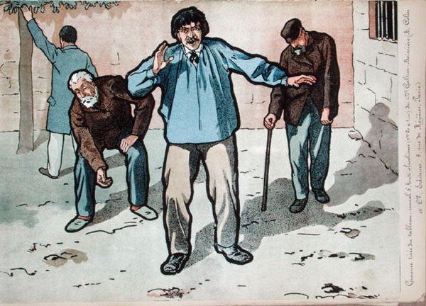 Alkoholistit köyhätalossa, kopio tohtori Galtier-Boissieren seinämaalauksen yksityiskohdasta alkoholismin vaaroista, 1800-luvun loppu (värilitho) tekijältä French School