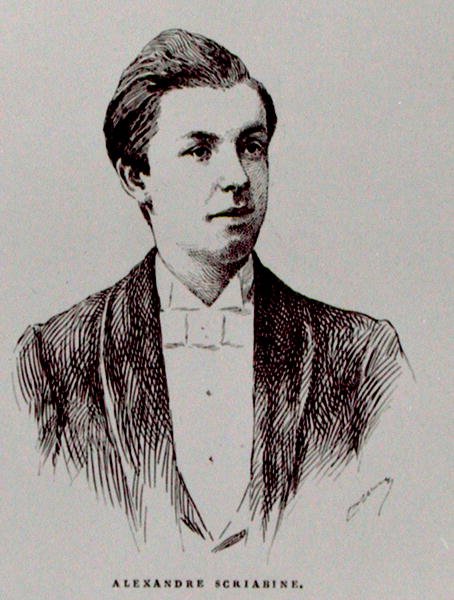 Aleksandr Nikolajevitsh Skriabine (1872-1915), kuvitus Albert Soubiesin teoksesta "The History of Music in Russia", julkaistu Pariisissa tekijältä French School