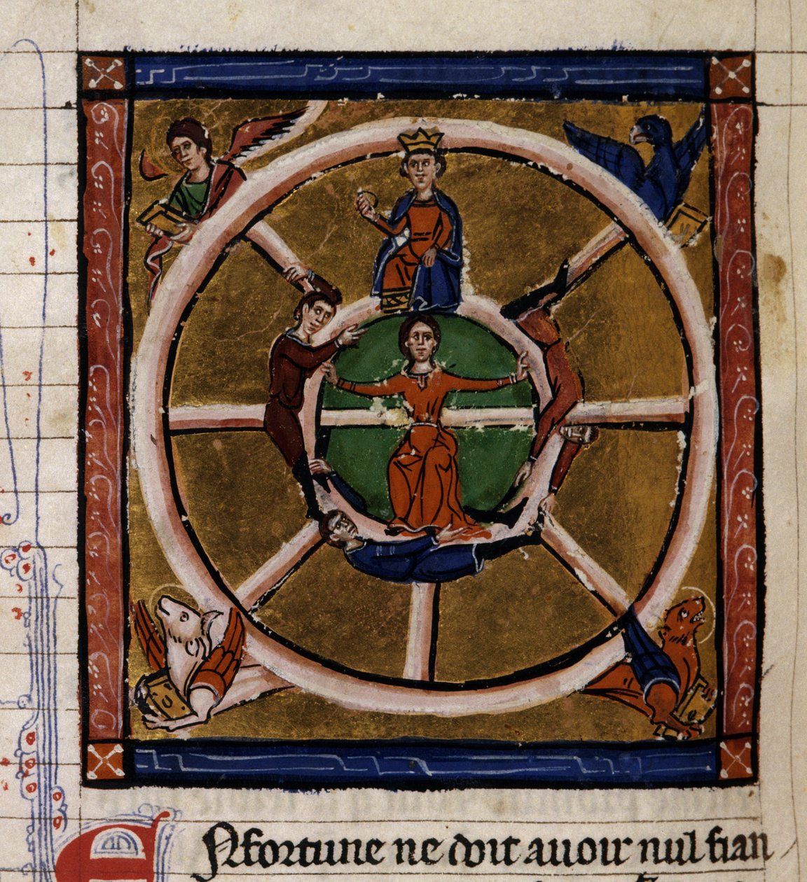 Aleksanteri III Suuri (356-323 eKr.), joka istuu Onnenpyörässä, ympäröi Tetramorfia. Pienoiskuva käsikirjoituksesta "Histoire ancienne à la Cesar", noin 1260-1270, jonka on kirjoittanut virkailija Roger IV:n, Lillen Chatelainin (120) hovissa. tekijältä French School