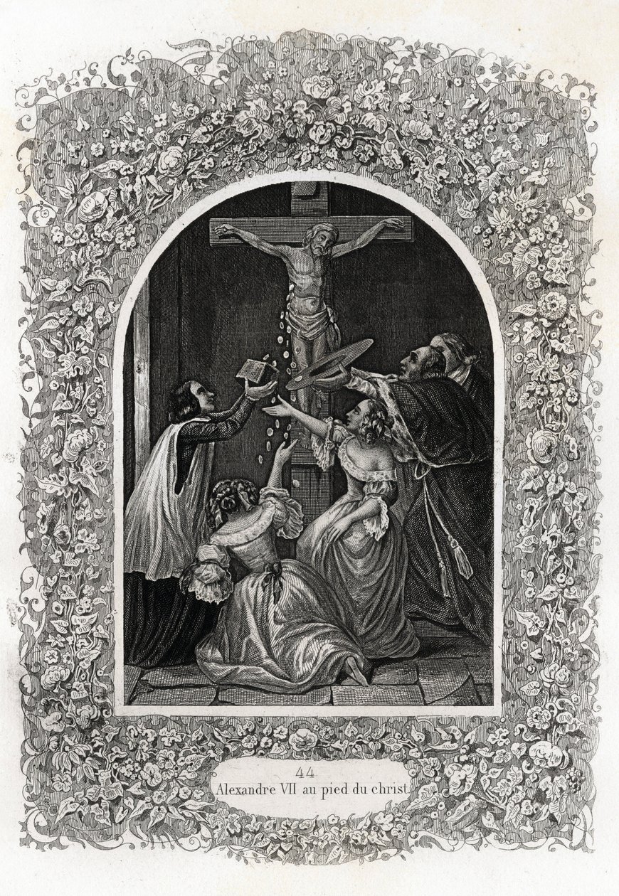 Aleksanteri VII (Aleksanteri tai Alessandro) (paavi 1655-1667) Kristuksen juurella. Maurice Lachatren (1814-1900), Librairie du progress, Pariisin Histoire des Popes -teoksen havainnollistava kaiverrus. tekijältä French School