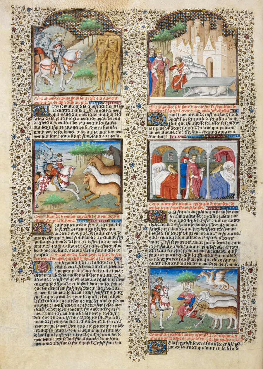 "Alexander kohtaamassa blemmyae...", kuvitus "Shrewsbury Talbot Book of Romances" -kirjasta, n. 1445 (muste ja väri vellum) tekijältä French School