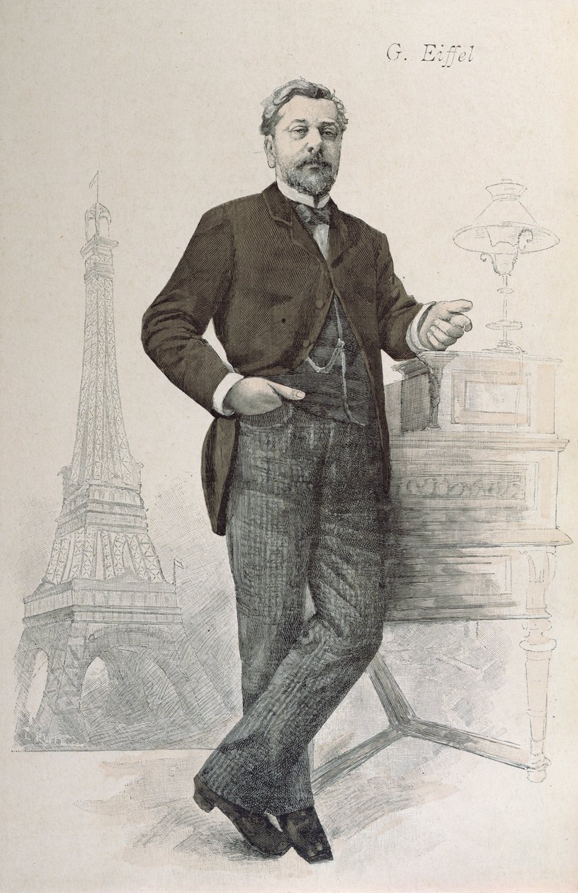Alexandre Gustave Eiffel poseeraa pöytänsä ääressä piirroksen kanssa Tour Eiffelistä, kuvitus La Revue Illustreesta, 1888 tekijältä French School