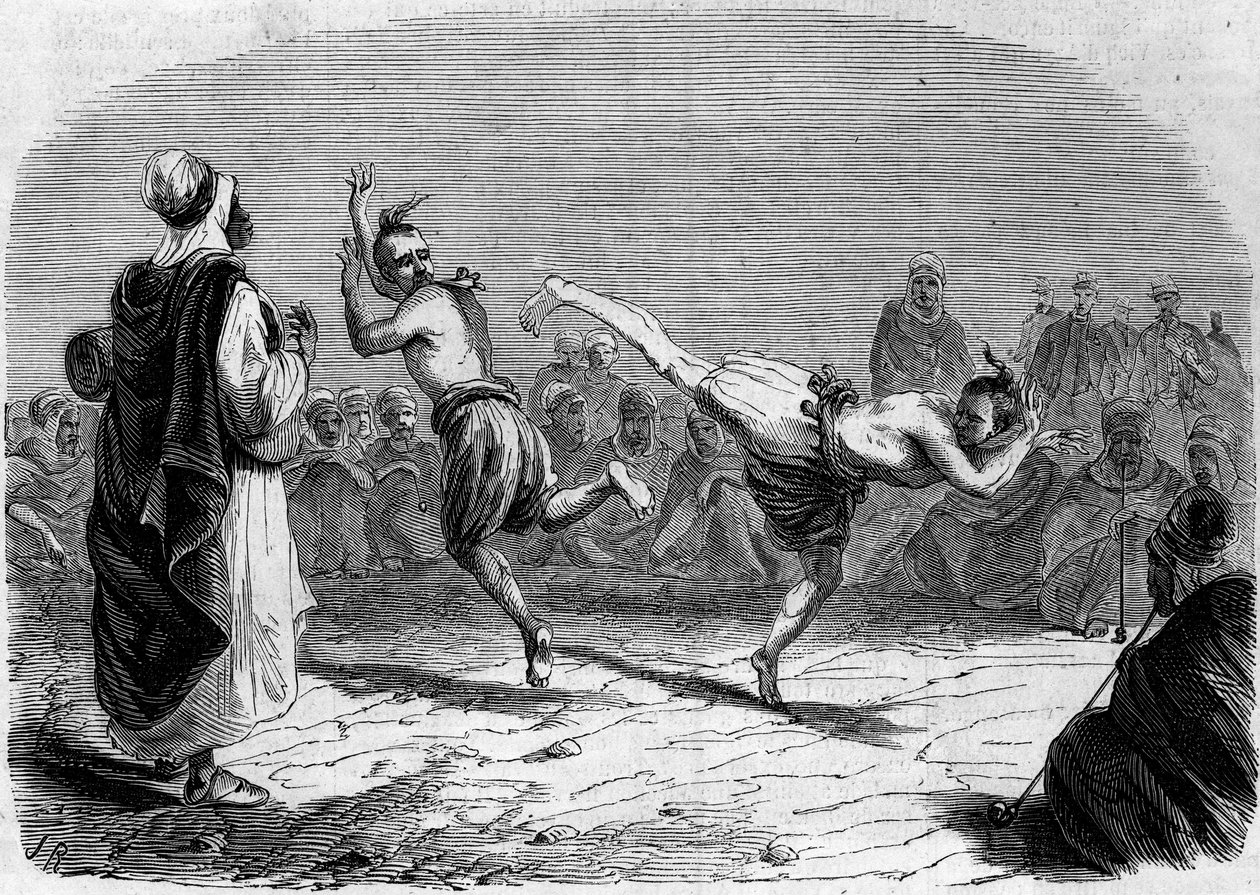 Algerialainen tapa: arabialainen tanssi. Piirustus herra Rigo, pataljoonan johtajan Amelerin luonnoksen pohjalta. Kaiverrus "" Le Monde Illustré" -julkaisussa nro 86, 11. joulukuuta 1858. tekijältä French School