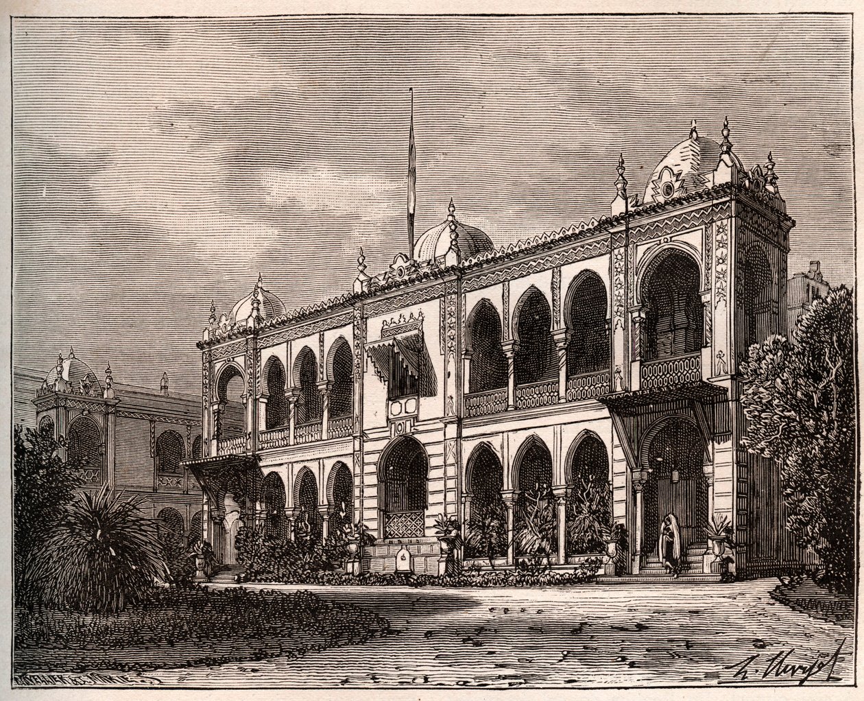 Alger - Kuvernöörin palatsi Mustaphassa - V.A. Malt-Brownin kaiverrus "La France illustrée: maantiede, historia, tilastohallinto". 1884 tekijältä French School