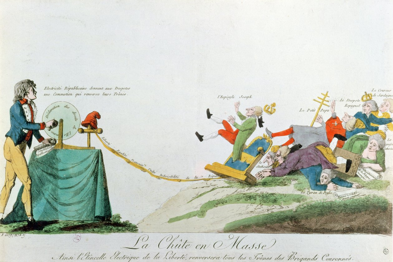 Kaikki kaatuu, Ranskan vallankumouksen ihmisoikeuksien julistuksen tuottama sähkö kaataa Euroopan valtaistuimet ja hallitsijat, n. 1793 tekijältä French School