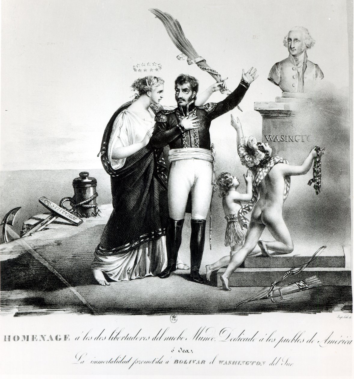 Kenraali Simon Bolivarin (1783-1830) allegorinen muotokuva n. 1840 tekijältä French School