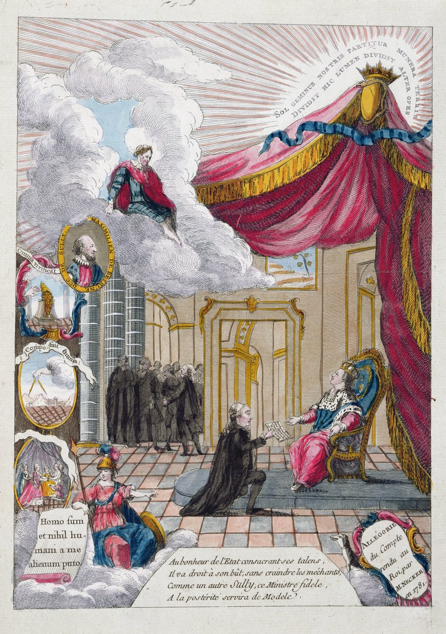 Allegoria Jacques Neckerin (1732-1804) Ludvig XVI:lle (1754-93) antamasta raportista vuonna 1781 (värikaiverrus) tekijältä French School
