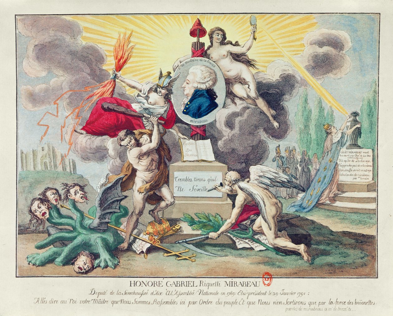 Allegoria Mirabeaun kuolemasta. 1791 (värikaiverrus) tekijältä French School