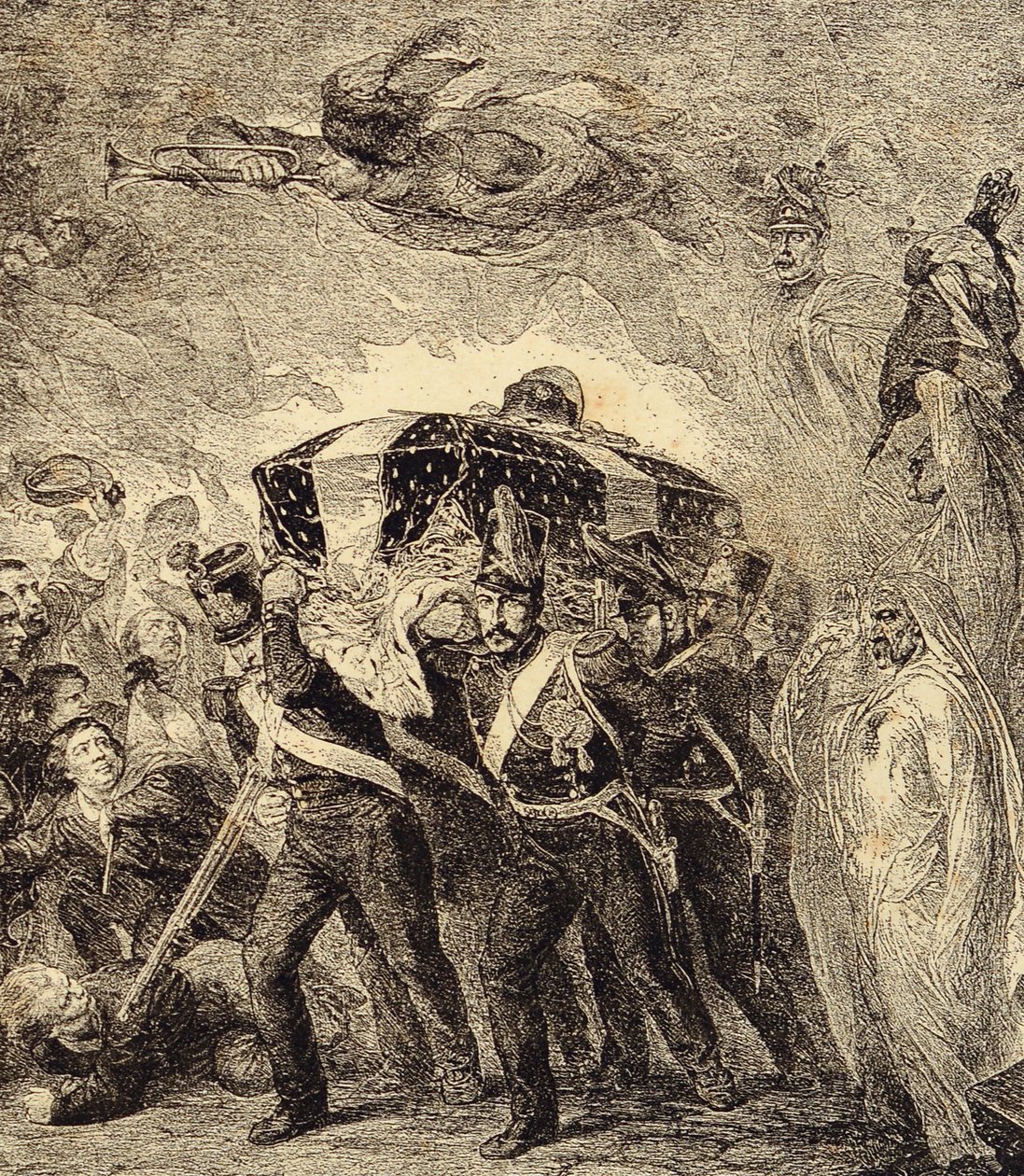 Allegoria Ranskan keisarin Napoleon Bonaparten tuhkan paluusta vuonna 1840. 1800-luku (kaiverrus kirjasta "Clours, mores, usages, costumes, keksintös" tekijältä French School