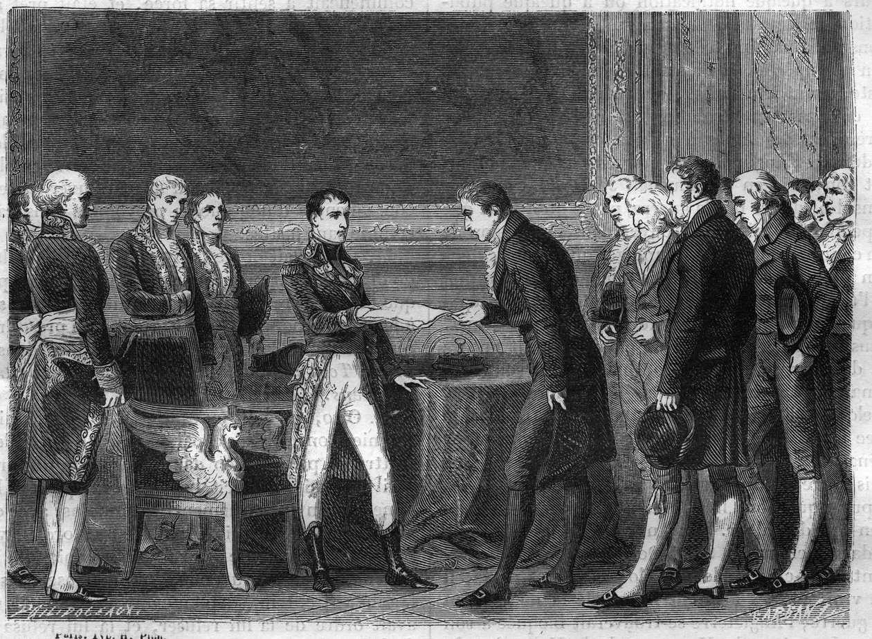 Ensimmäisen konsulin Bonaparten jakaminen Helvetiläisen tasavallan sveitsiläisille edustajille antamalla heille sovittelutoimi marraskuussa 1802 - Kaiverrus Louis Adolphe Thiersin "Histoire du Consulate et de l