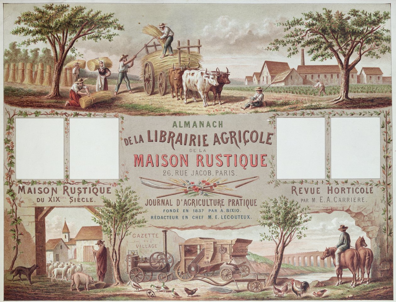 Almanakka havainnollistaa perinteisiä ja moderneja viljelymenetelmiä. noin 1870-80 tekijältä French School