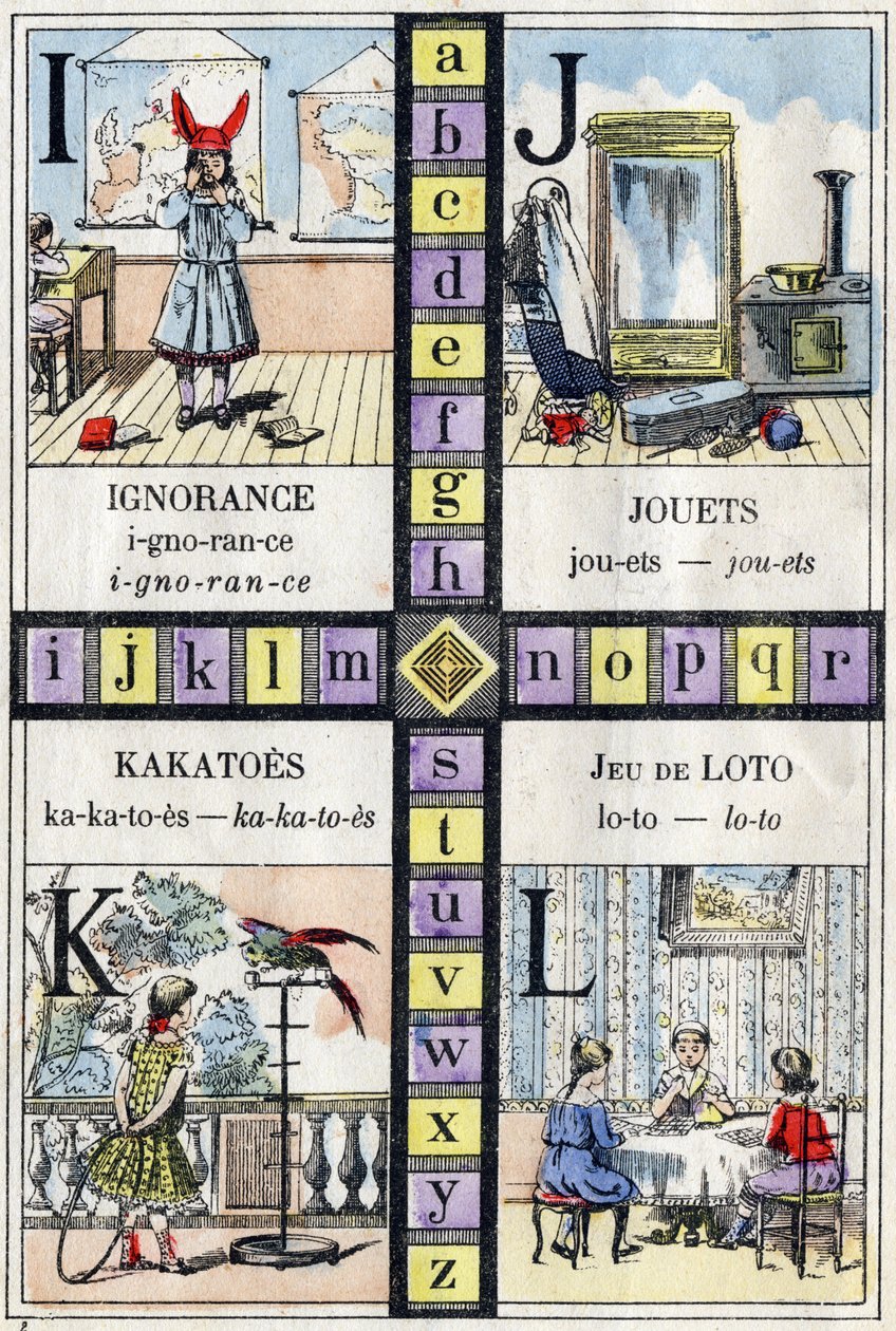 Aakkoset ja kirjain I J K ja L, tietämättömyys, lelut, kakatot ja lottopeli. Pienten tyttöjen ABC. Epinaalinen kuvantaminen tekijältä French School