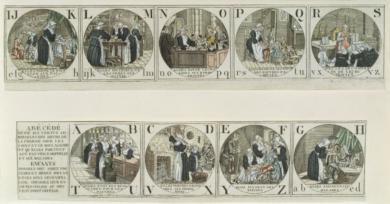 Aakkosellinen pohjamaali, joka kuvaa Sisters of Charityn työtä, 1800-luvun alku (värikaiverrus) tekijältä French School