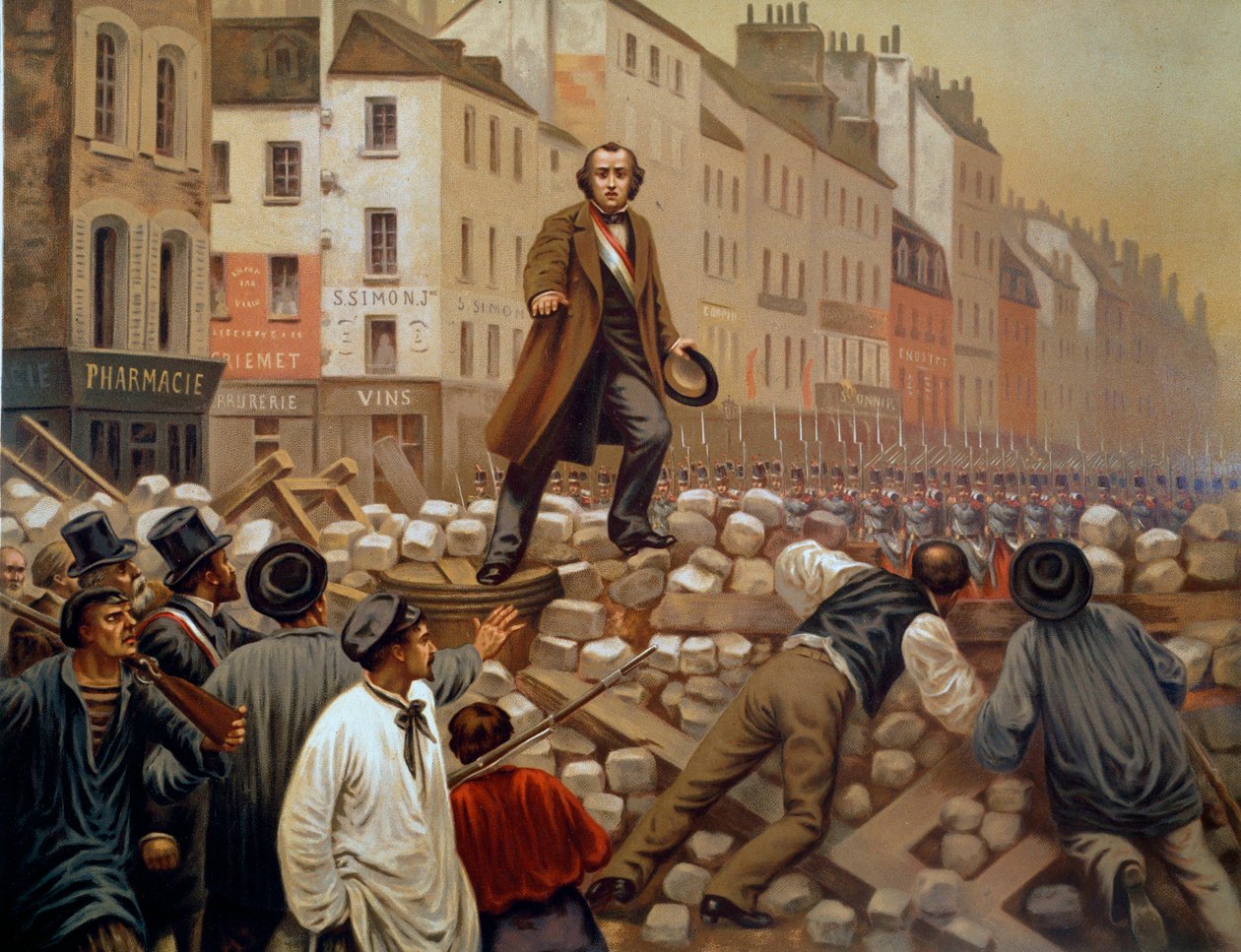 Alphonse Baudin (1811-1851) Faubourg Saint Antoinen barrikadilla 3.12.1851 Louis Napoleon III:n (Louis-Napoleon Bonaparte) vallankaappauksen aikana Kaiverrus vuodelta 1851. tekijältä French School