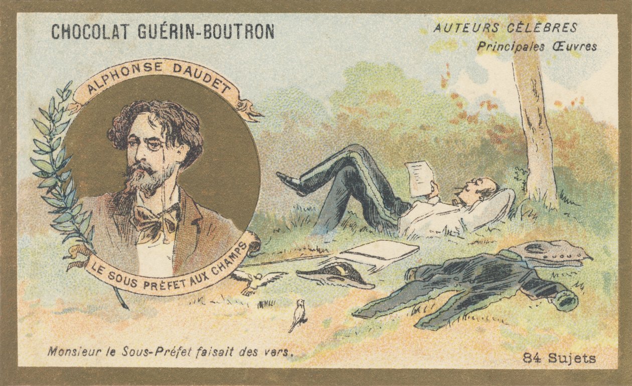 Alphonse Daudet (1840-1897), ranskalainen kirjailija ja näytelmäkirjailija, proosaballadin "Le sous-prefet aux champs" (1866) kirjoittaja tekijältä French School