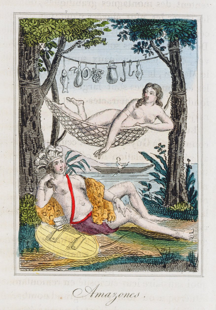 Amazonit, kuvitus J. Dufayn julkaisusta History of travel around the world, julkaisija Courvalet & Co., Pariisi, 1826 (värikaiverrus) 1826 (värikaiverrus) tekijältä French School